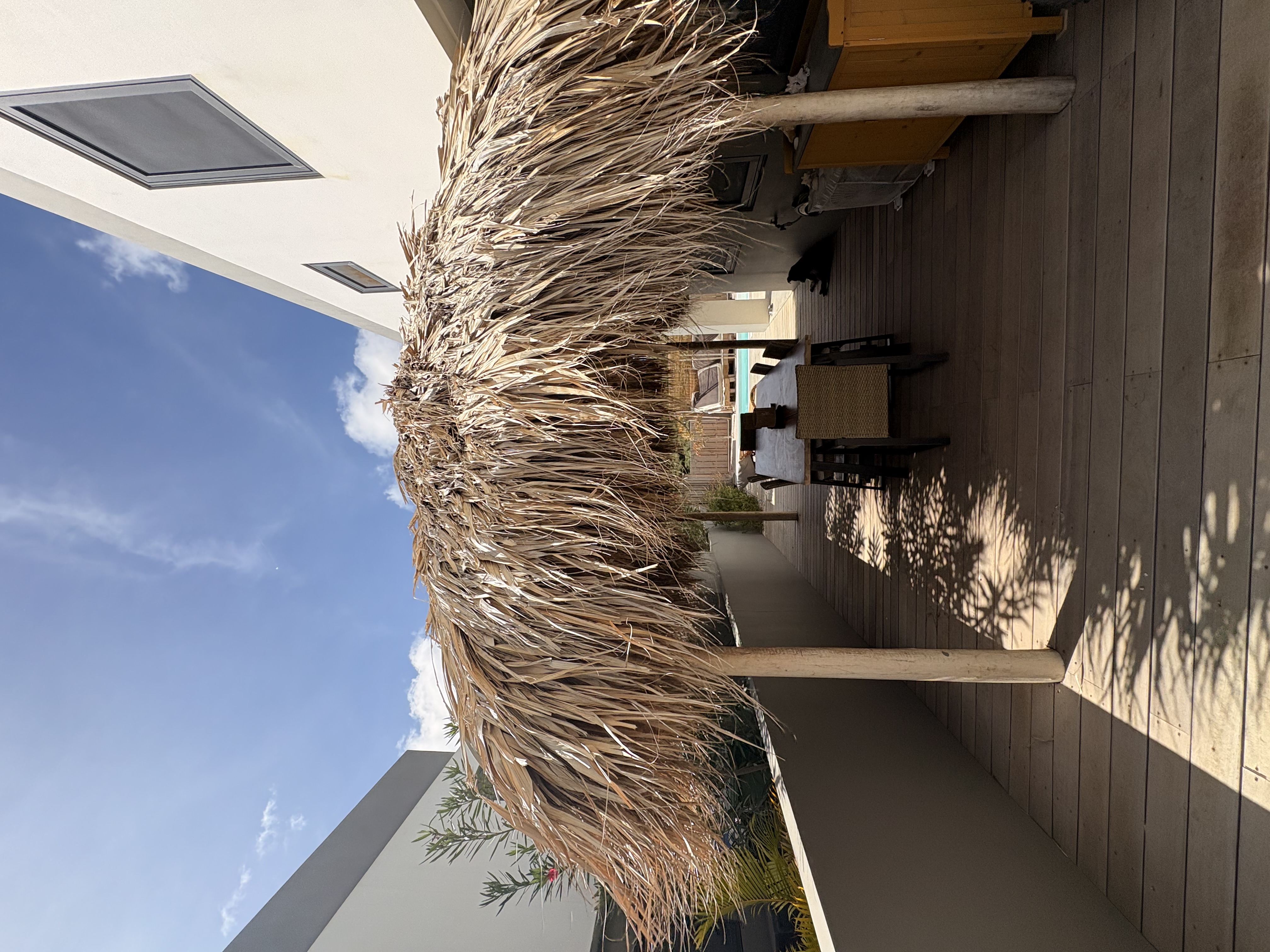 Palapa dining terrace with pool view